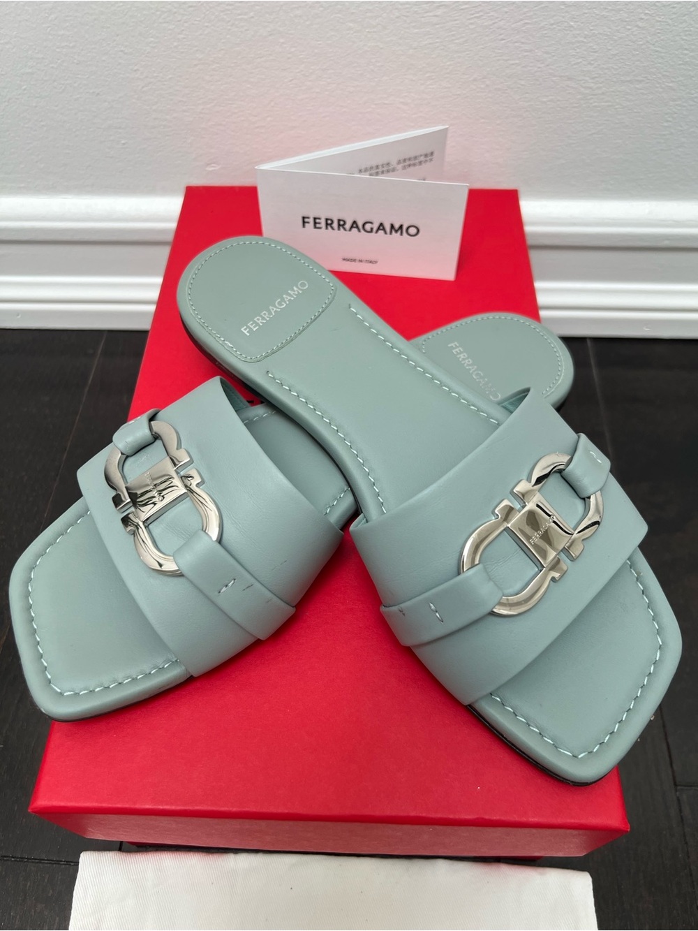 Salvatore Ferragamo Women's Leah Lucky Charm Gancini Slides, Mint Green, 7 C